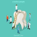 Dental Care micro dentist patient people and huge tooth healthcare concept. Flat 3d isometric isometry vector web site