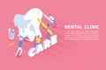 Dental care practice isometric advertising poster with big tooth treated by dentistry clinic specialists background vector