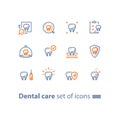 Stomatology services, dental care, prevention check up, hygiene and treatment, line icons
