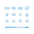 Teeth braces, dental care, stomatology services, cleaning and whitening, implant and crown, protection concept, line icons