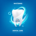 Dental care. Realistic clean 3D tooth. Whitening enamel or oral hygiene. Dentist service advertising banner with