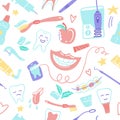 Dental care seamless pattern with handdrawn elements. Stomatology theme. Vector illustration