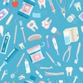 Dental care seamless pattern vector illustration. Dental floss, teeth, mouth, tooth paste and medical dentist Royalty Free Stock Photo