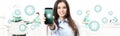 Dental care smiling woman showing smart phone, teeth icons and s