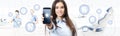 Dental care smiling woman showing smart phone, teeth icons and s