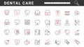 Dental care thin red and black line icons set, dentistry instruments and examination Royalty Free Stock Photo