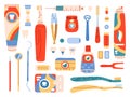 Dental care tools. Oral hygiene products and cleaning tools, toothbrush, toothpaste, dental floss, mouthwash. Oral care Royalty Free Stock Photo