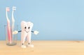 Dental care tools use for dentist and smiling healthy tooth in the clinic. Wooden blue background. Royalty Free Stock Photo