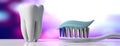 Dental care. Tooth paste on a toothbrush and a tooth model, purple white background, banner. 3d illustration