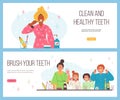 Dental care and toothbrushing web banners set, flat vector illustration.