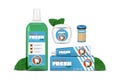 Dental care. Toothpaste tube. Floss and toothpicks. Packages for tooth wash or mouthwash. Mouth hygiene label