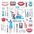 Dental care vector illustration, teeth, toothpaste and brush, dentist, hygiene set.