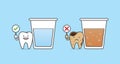 Dental cartoon of a healthy tooth with glass of water and a caries tooth with glass of soda drink illustration cartoon character