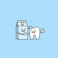 Dental cartoon of a tooth be friendly with a milk container, Meaning is the tooth be healthy and strong by drinking milk,