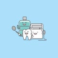 Dental cartoon of a tooth, mouthwash, floss teeth looking into the dental mirror with confidence and happiness illustration