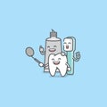 Dental cartoon of a tooth, toothbrush, toothpaste looking into the dental mirror with confidence and happiness illustration Royalty Free Stock Photo