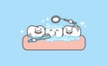 Dental cartoon of white teeth cleaning by brushing with toothbrush and checkup with dental mirror illustration cartoon character Royalty Free Stock Photo