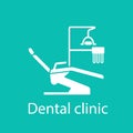 Dental chair. Banner of a dental clinic. Dental office equipment. Vector white icon on a green background. Modern Royalty Free Stock Photo