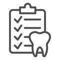 Dental checklist and tooth line icon, Hygiene routine concept, Teeth Diagnostic Report sign on white background