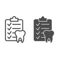 Dental checklist and tooth line and solid icon, Hygiene routine concept, Teeth Diagnostic Report sign on white