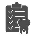 Dental checklist and tooth solid icon, Hygiene routine concept, Teeth Diagnostic Report sign on white background