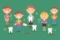 Dental children treatment, vector illustration. Boys and girls character with healthy radiant smile. Professional Royalty Free Stock Photo