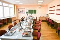 Dental classroom interior. Dentists tools in a modern classroom at medical university Royalty Free Stock Photo