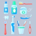 Dental cleaning tools. Cartoon toothbrush mouthwash toothpaste, oral hygiene accessory, electric tooth brush for care