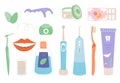 Dental cleaning tools and mouth. Toothpaste, freshener and brushes. Mouthwash bottle, clean tooth instrument for home