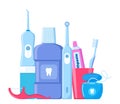 Dental cleaning tools. Oral care and hygiene products. Toothbrush, toothpaste, mouthwash, floss toothpick, dental floss, dental Royalty Free Stock Photo