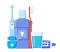 Dental cleaning tools. Oral care and hygiene products. Toothbrush, toothpaste, mouthwash, floss toothpick, dental floss, dental Royalty Free Stock Photo