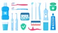 Dental cleaning tools. Oral care and hygiene products. Toothbrush, toothpaste, mouthwash, floss toothpick, dental floss, dental Royalty Free Stock Photo