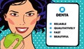 Dental clinic advertising layout. Asian beautiful girl smiling. Green apple in hand