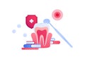 Dental clinic concept. Vector flar healthcare illustration. Dentist mirror tool, tooth anatomy, book and shield protection symbol