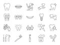 Dental clinic doodle illustration including icons - wisdom tooth, veneer, teeth whitening, braces, implant, electric