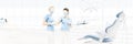 Dental clinic interior with doctors, blurred background for copy