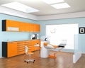Dental clinic interior with yellow cabinet and patient chair