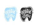 Dental clinic lettering. Calligraphy logotype. Handwriting word. Tooth shaped icon for design banners, flayers, posters