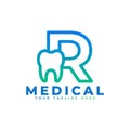 Dental Clinic Logo. Blue Linear Shape Letter R Linked with Tooth Symbol inside. Usable for Dentist, Dental Care and Medical Logos