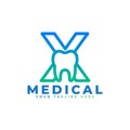 Dental Clinic Logo. Blue Linear Shape Letter X Linked with Tooth Symbol inside. Usable for Dentist, Dental Care and Medical Logos