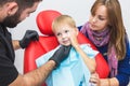 Dental clinic. Reception, examination of the patient. Teeth care. Dentist treating teeth of little boy in dentist office Royalty Free Stock Photo