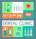 Dental clinic set of banners vector illustration. Dentistry, oral care with brush, paste, mouse wash. Set of dental