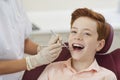 Dental clinic. Smiling boy getting examination of teeth from woman dentist