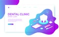 Dental clinic website header, banner, flyer template in isometric flat style with tooth, brush, toothpaste