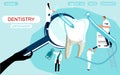 Dental clinic Website template .Tiny doctors holding drill bit and cure huge molar tooth with caries, removing plaque.