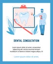 Dental consultation banner or poster template with dentist, cartoon vector.