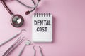 Dental cost concept with dentist instruments on pink background, top view