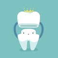 Dental crown, tooth put in crown, dental cartoon concept