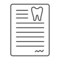 Dental document thin line icon, dentist and paper, dental card sign, vector graphics, a linear pattern on a white