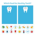 Dental education game for children. Choose what food for healthy teeth.